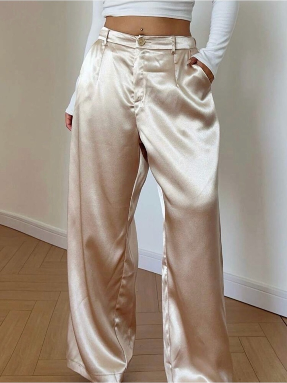 Satin Wide-Leg Pants in Champagne - Women's Pants & Jumpsuits